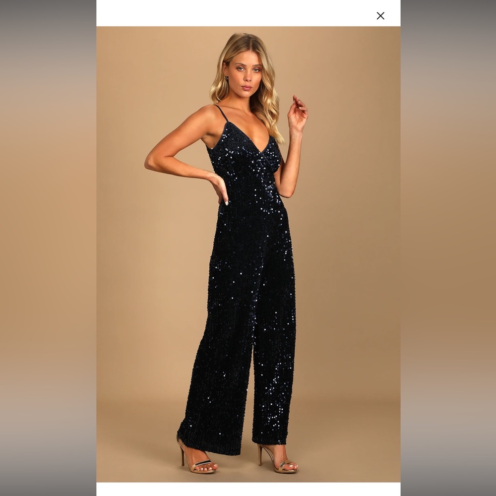 Lulus Dazzling Demeanor Navy Blue Velvet Sequin Straight Leg Jumpsuit